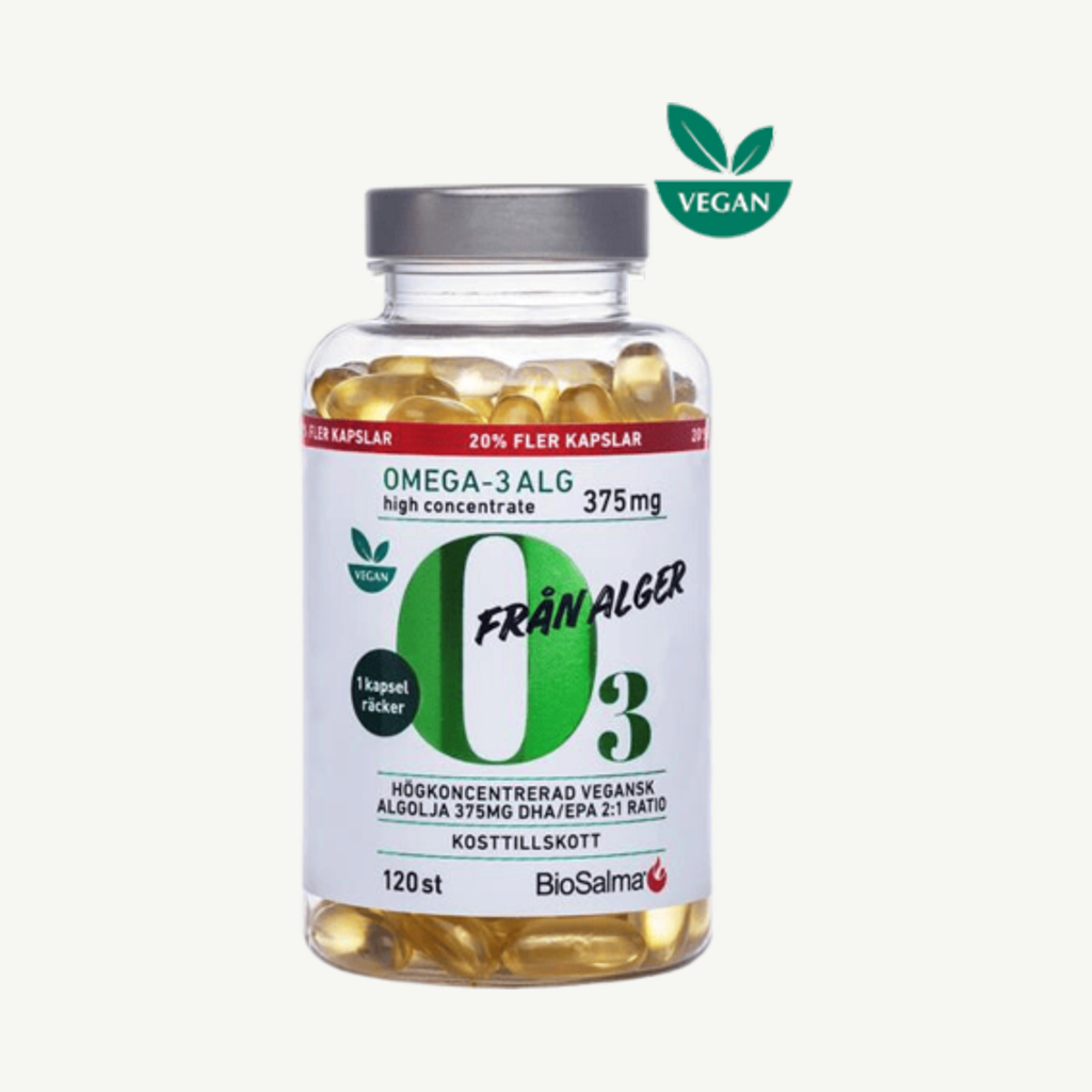 Förpackningen till Omega-3 Alg 375mg DHA/EPA