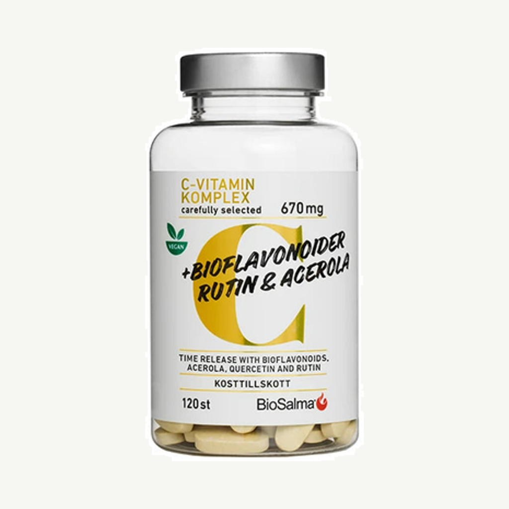Förpackningen till BioSalma C-vitaminkomplex + Bioflavonider 120 tabs