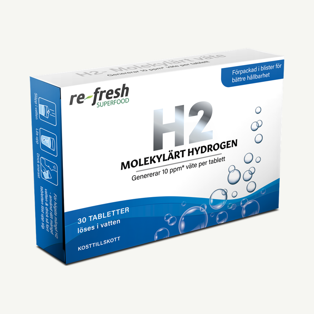 Förpackningen till Re-fresh Superfood H2 Molekylärt Väte 30 tabletter