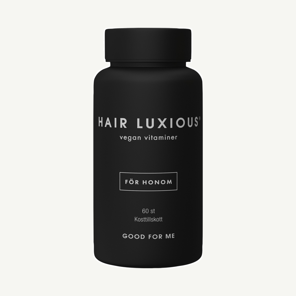 Förpackningen till Good For Me Hair Luxious För Honom 60 tabletter