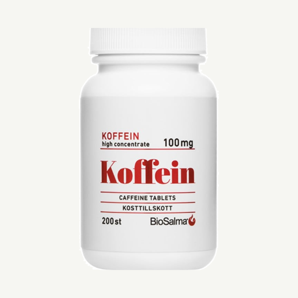 Förpackningen till BioSalma Koffein 100 mg 200 tabletter