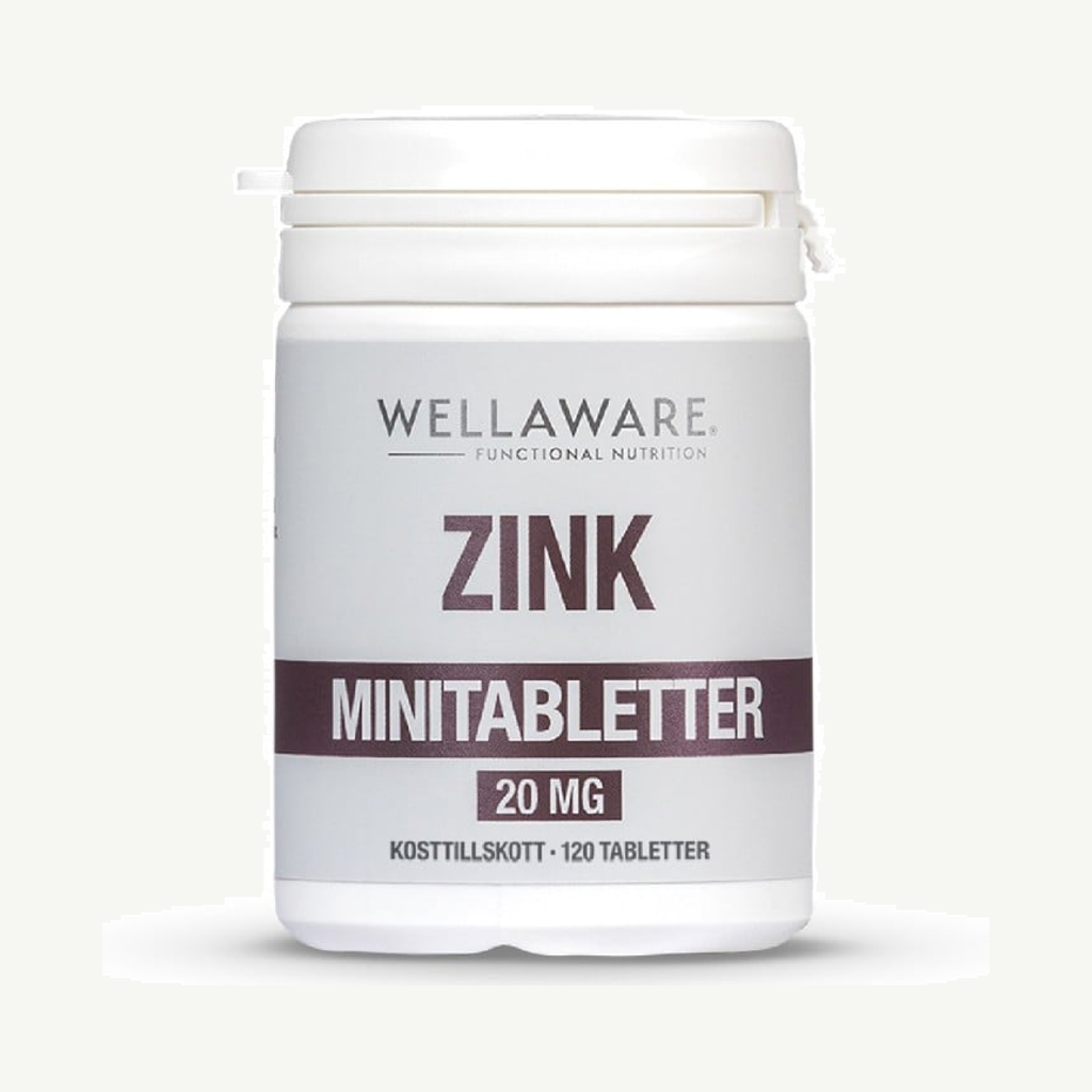 Förpackningen till WellAware Zink 120 minitabletter