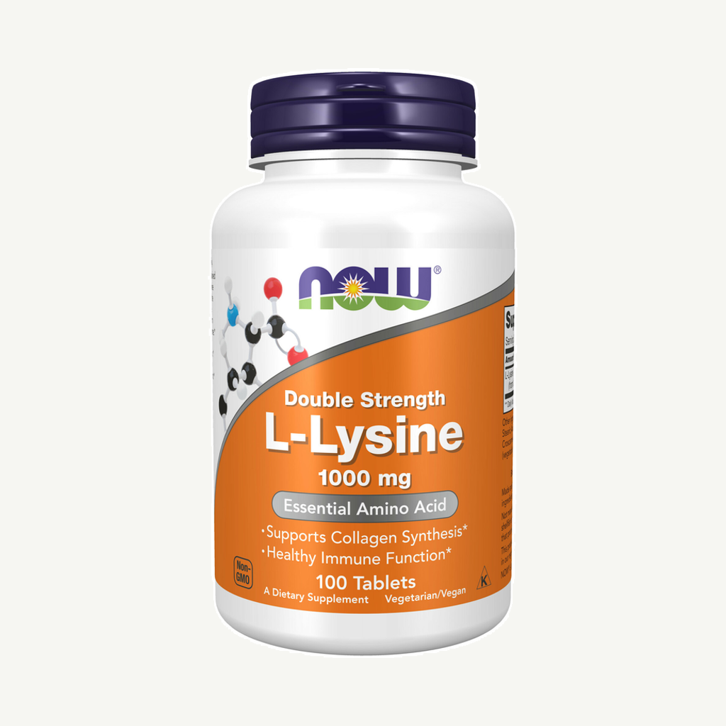 Förpackningen till NOW L-LYSINE 1000 mg 100 tabletter