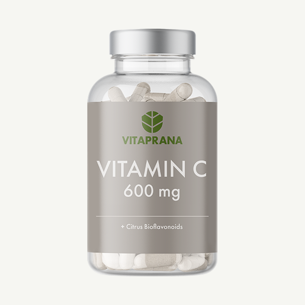 Förpackningen till Vitamin C 600 mg + Bioflavonoids 100 kapslar