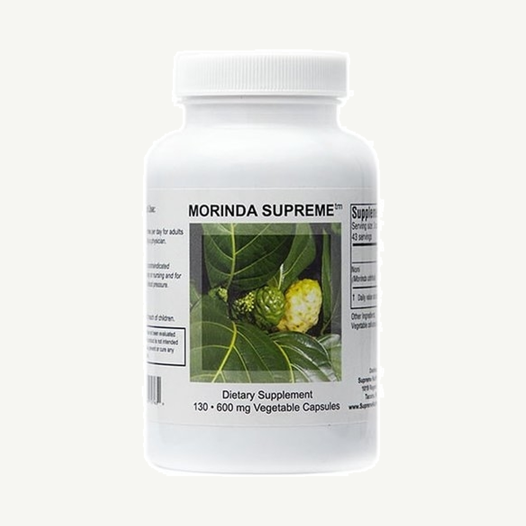 Förpackningen till Supreme Nutrition Morinda Supreme 130 kapslar