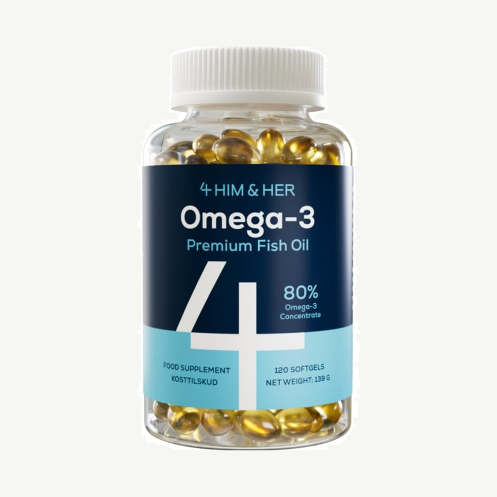 Förpackningen till 4 HIM & HER Omega-3 fiskolja 120 kapslar