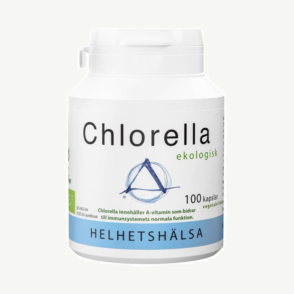 Förpackningen till Helhetshälsa Chlorella 100 kapslar