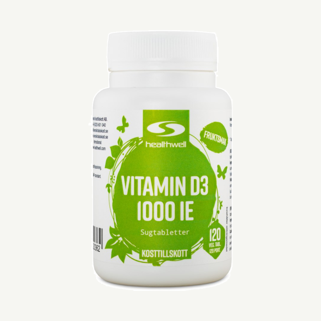 Förpackningen till Healthwell Vitamin D3 1000 IE Sugtabletter