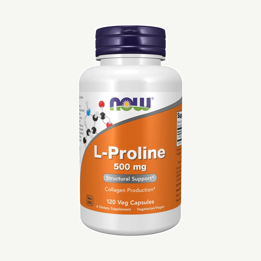 Förpackningen till NOW L-Proline 500 mg 120 caps