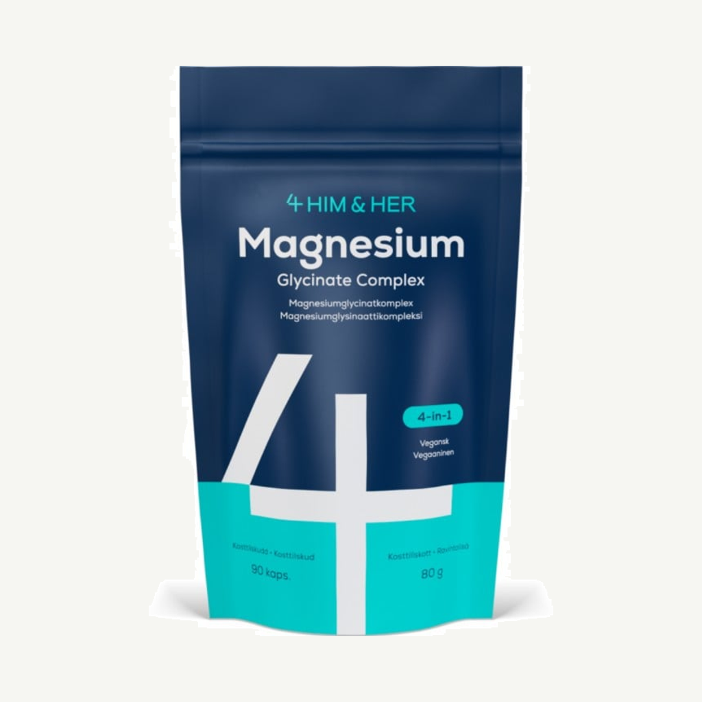 Förpackningen till 4 HIM & HER Magnesium Glycinate 90 kapslar