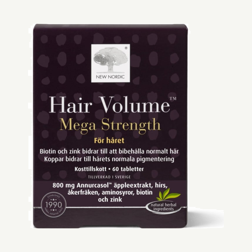 Förpackningen till New Nordic Hair Volume Mega Strength 60 st