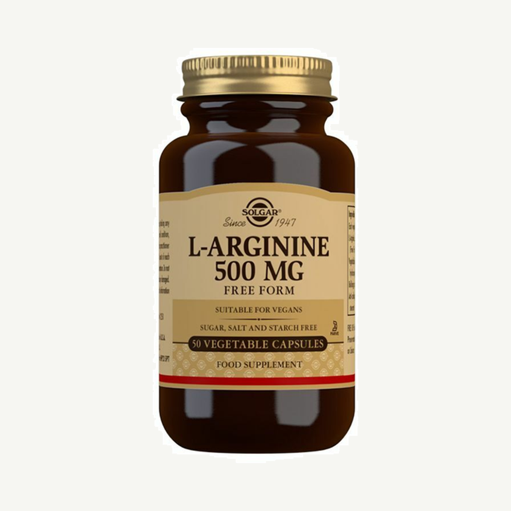 Förpackningen till Solgar L-Arginine 500 mg 50 kapslar
