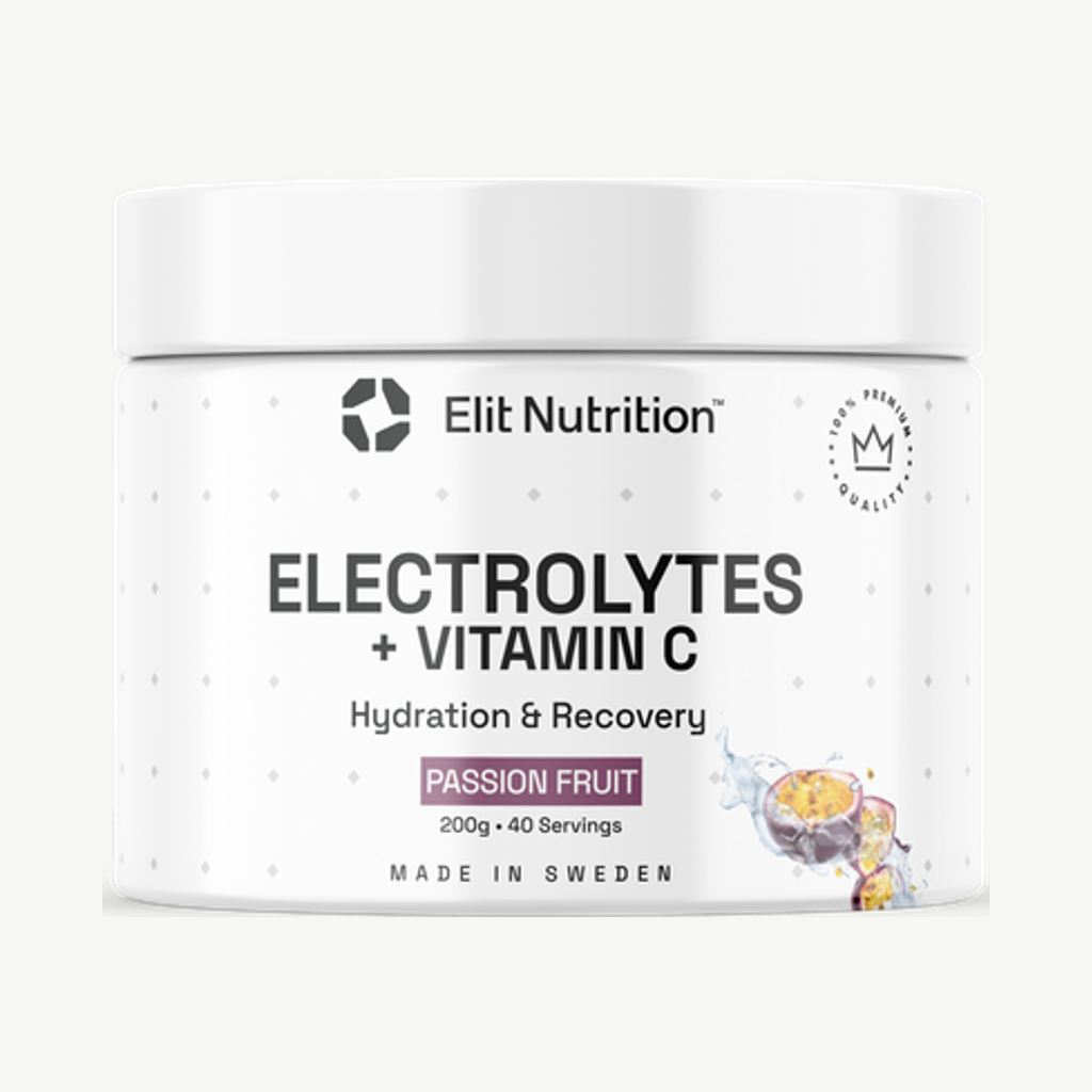 Förpackningen till Elit Nutrition Electrolytes + Vitamin C 300 g - Passion
