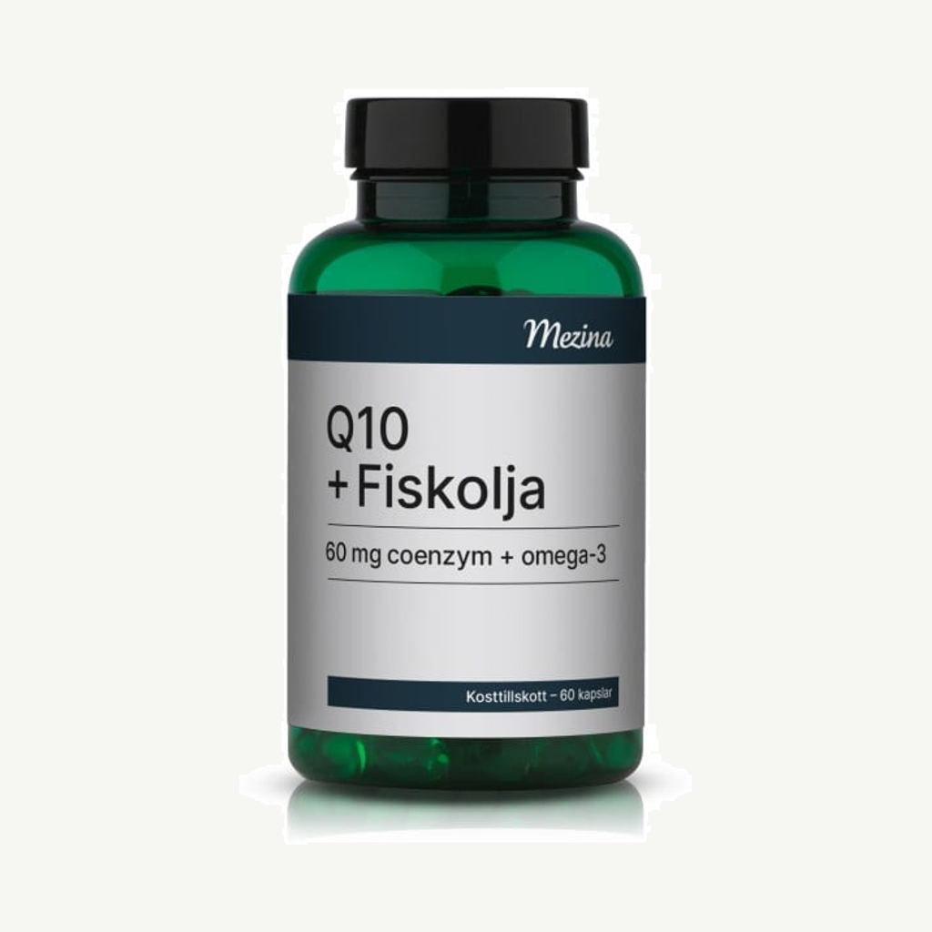 Förpackningen till Mezina Q10 + Fiskolja 60 kapslar