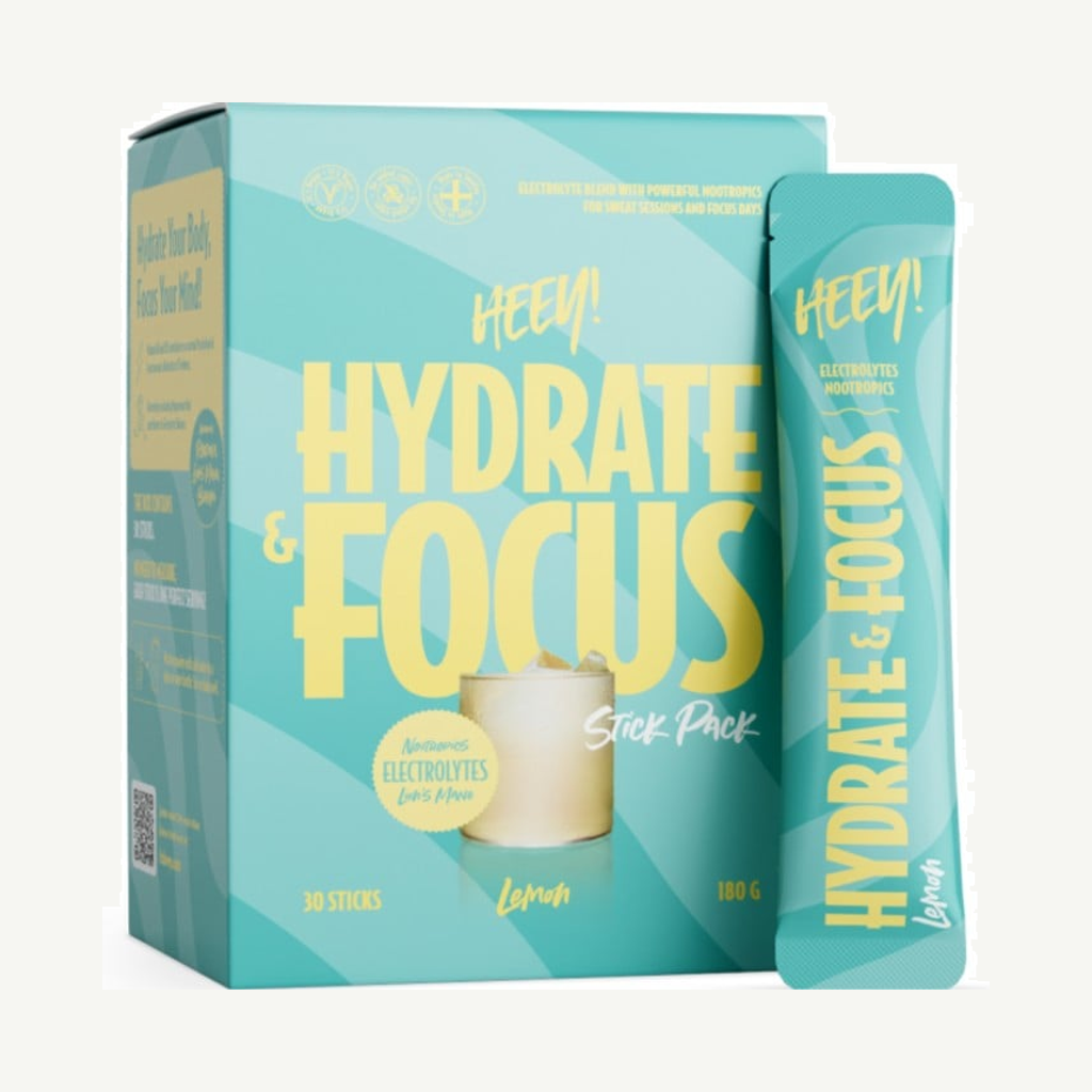 Förpackningen till Heey! Hydrate & Focus, Electrolytes + Lions Mane, Lemon, 30 st Stick Pack