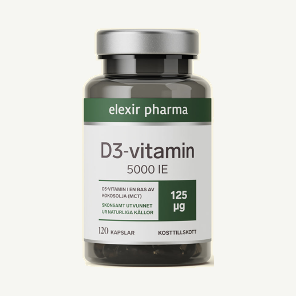 Förpackningen till D3-vitamin 5000 IE, 120 kapslar
