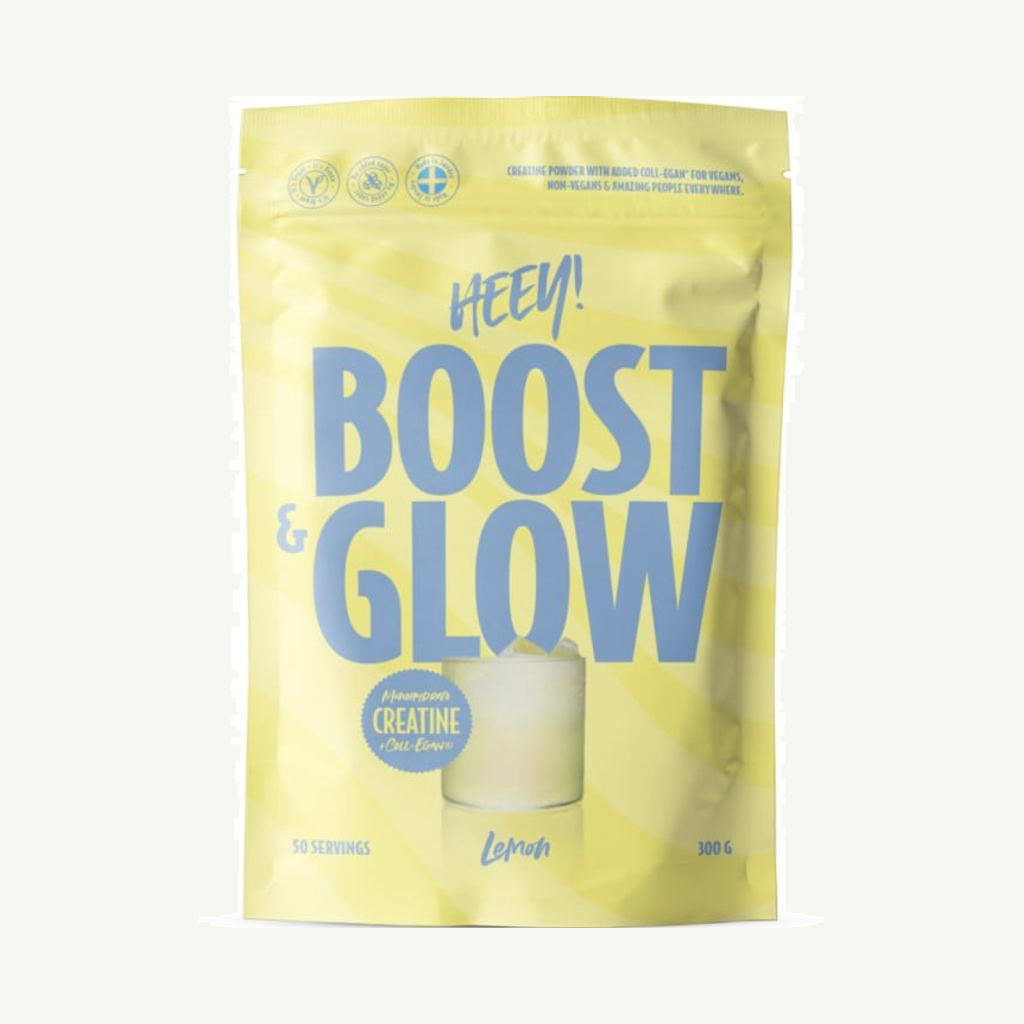 Förpackningen till Heey! Boost & Glow, Creatine + Coll-Egan, Lemon, 300 g