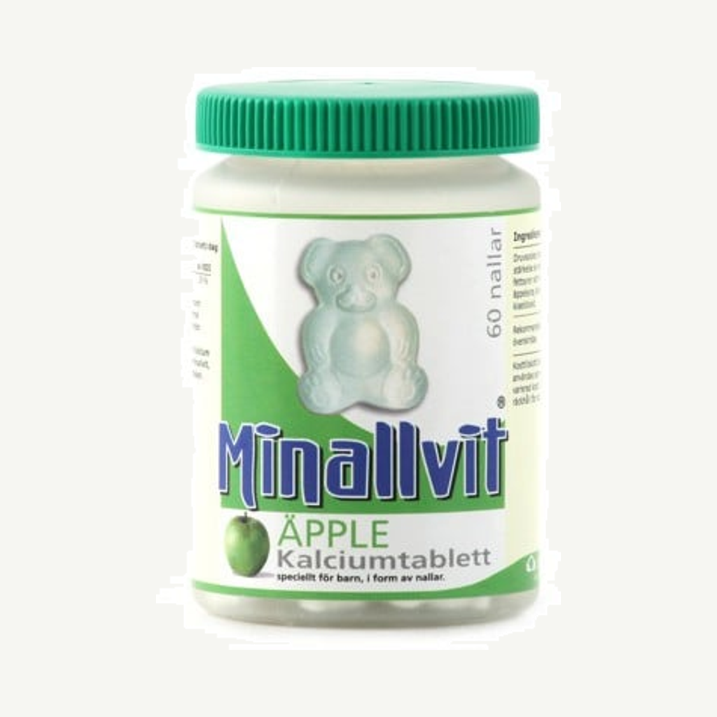 Förpackningen till Minallvit Kalcium Äpple 60 st