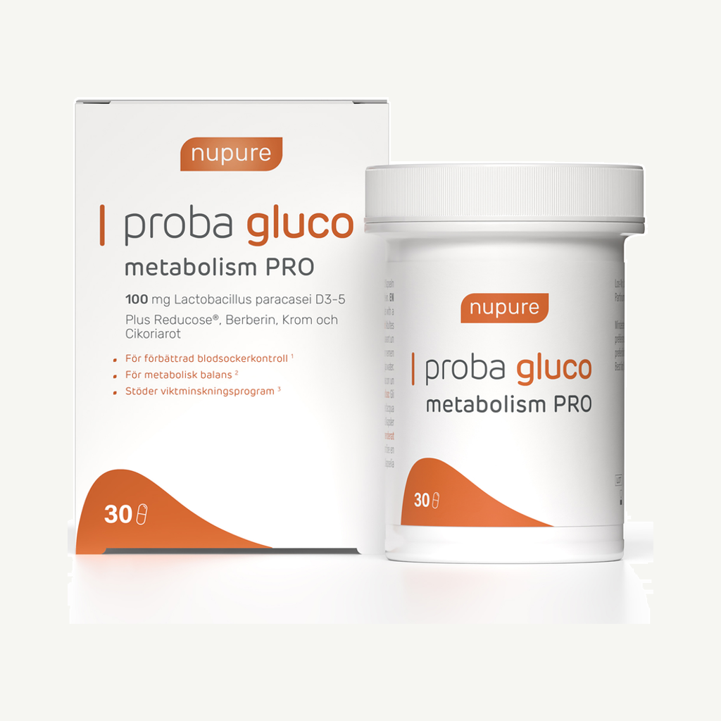 Förpackningen till Nupure Proba Gluco Metabolism PRO 30 kapslar