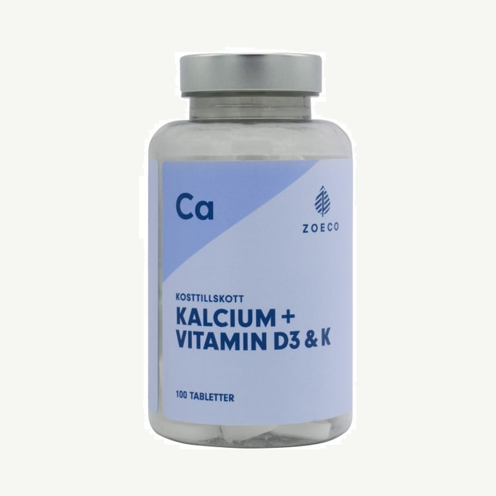 Förpackningen till Zoeco Kalcium Vitamin D3 + K 100 tabletter