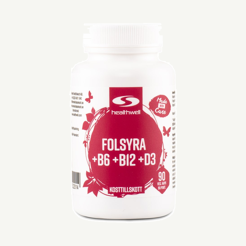 Förpackningen till Healthwell Folsyra+B6+B12+D3