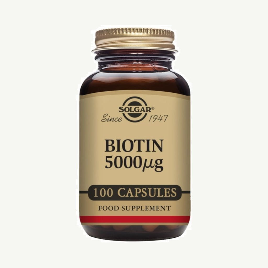 Förpackningen till Solgar Biotin 5000 100 kapslar