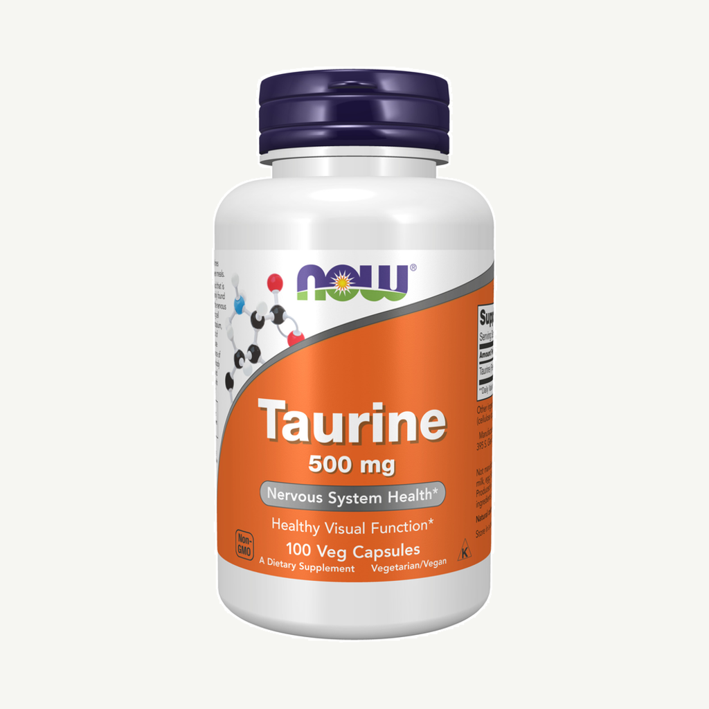 Förpackningen till NOW Taurine 500mg 100 kapslar