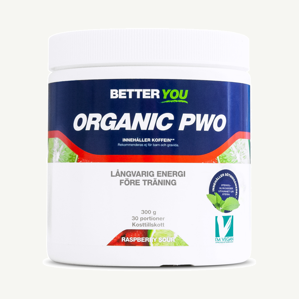 Förpackningen till Better You Organic PWO Raspberry Sour 300 g