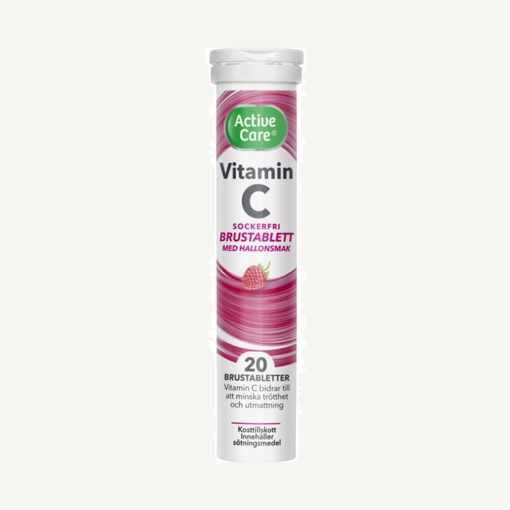 Förpackningen till Active Care C-vitamin Hallon 20 brustabletter