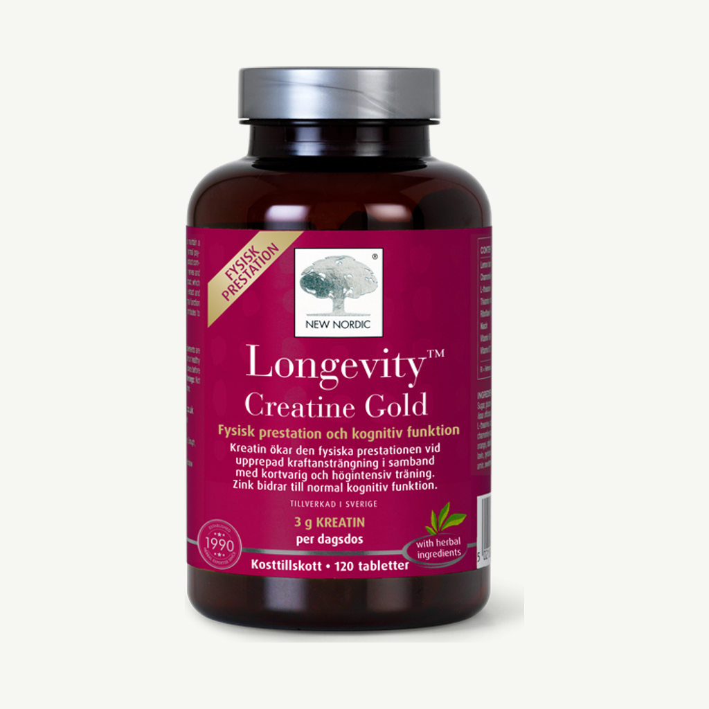Förpackningen till Longevity Creatine Gold 120 tabletter