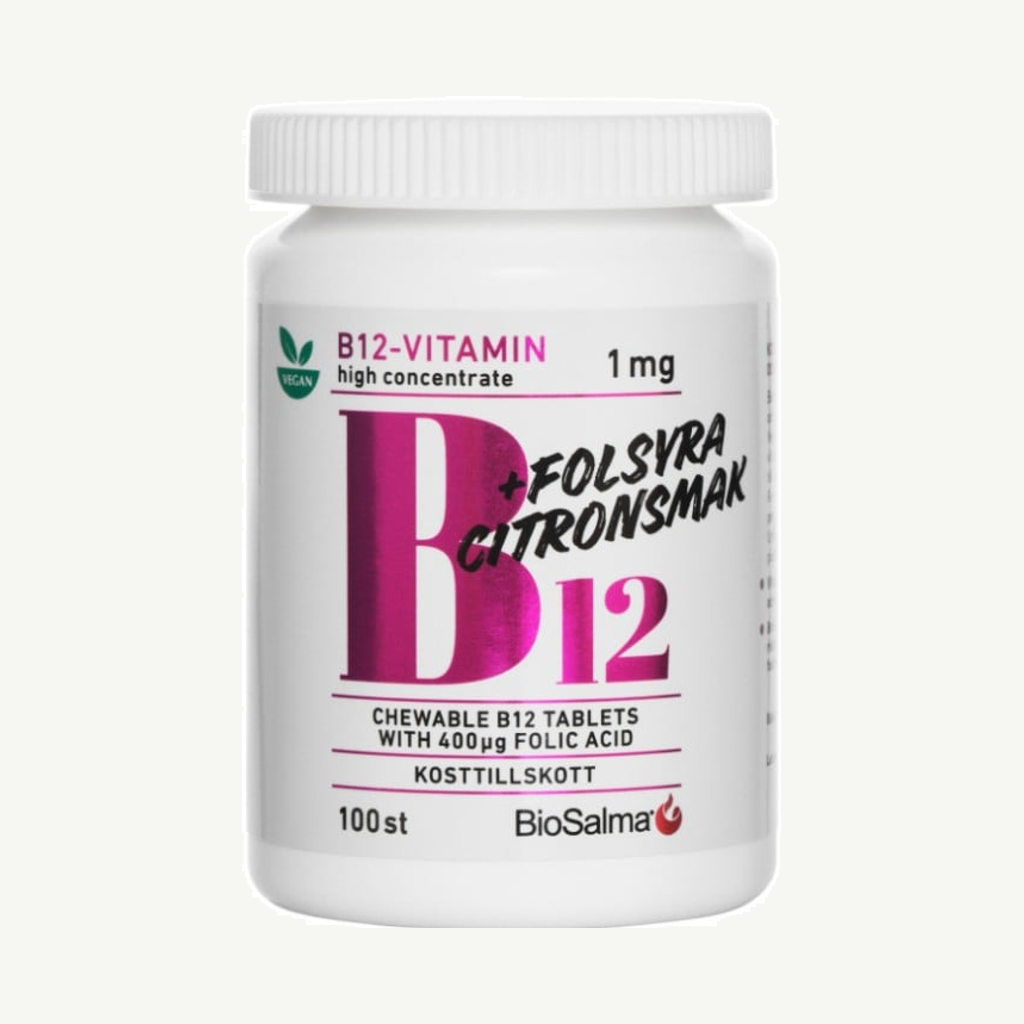 Förpackningen till BioSalma B12 vitamin 1 mg + Folsyra 100 st