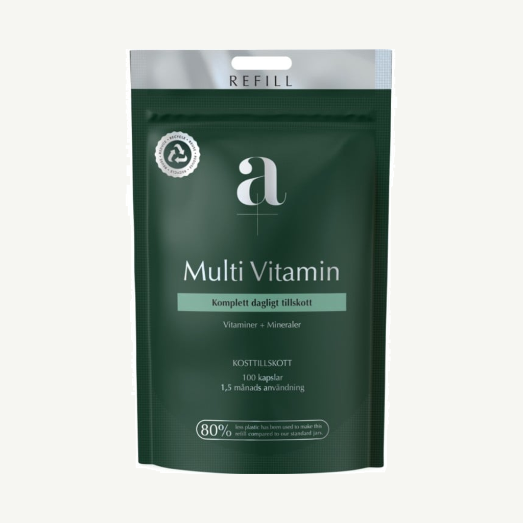 Förpackningen till A+ Multi Vitamin 100 kapslar Refill