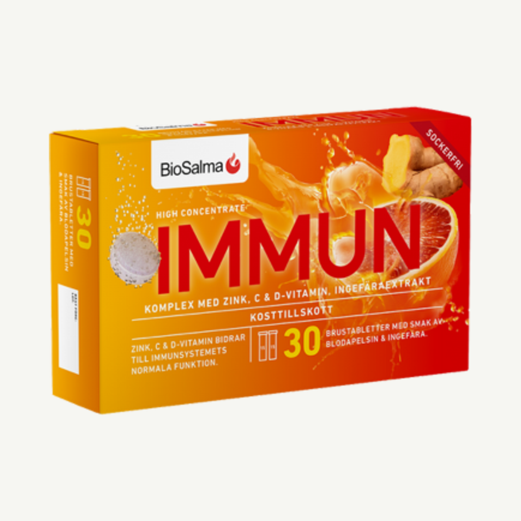 Förpackningen till Immun C + D-vitamin + zink, 30 brustabletter