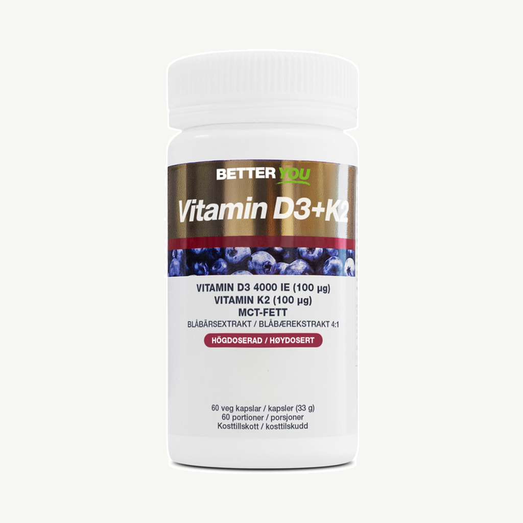 Förpackningen till Vitamin D3 4000 IE + K2 100 µg, 60 kapslar