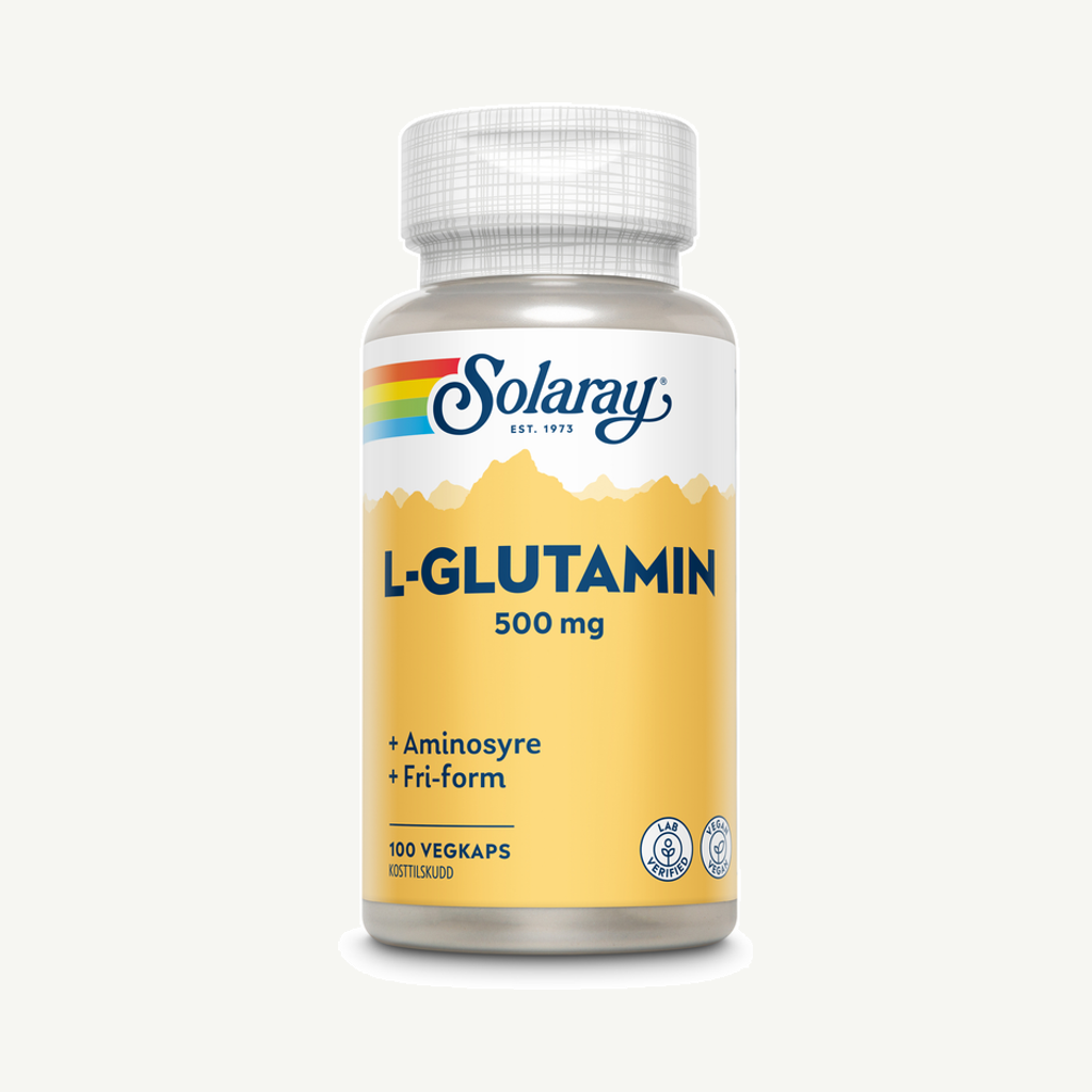 Förpackningen till Solaray L-Glutamin 100 kapslar