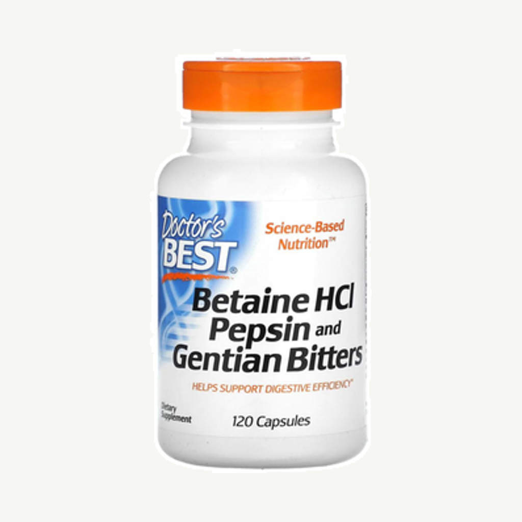 Förpackningen till Betaine HCI Pepsin & Gentian Bitters 120k