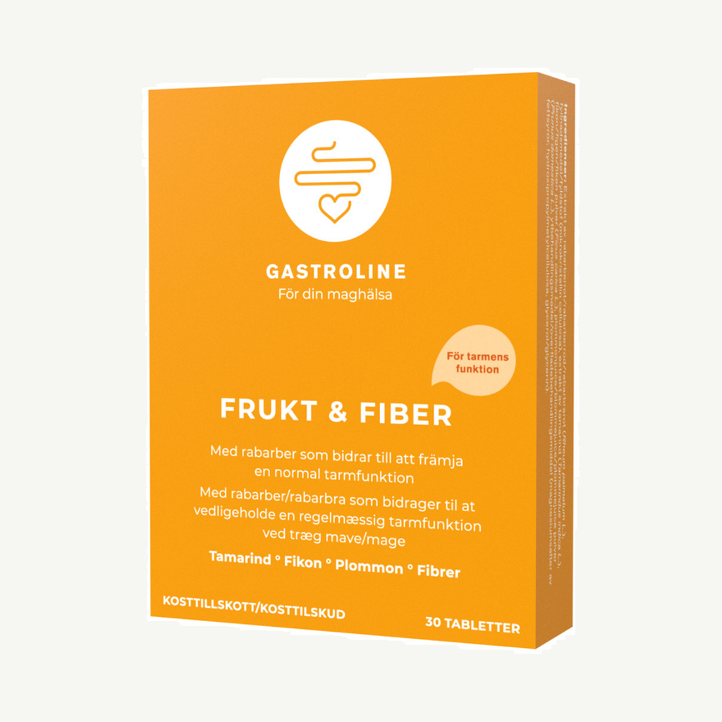 Förpackningen till Gastroline Frukt & Fiber 30 tabletter