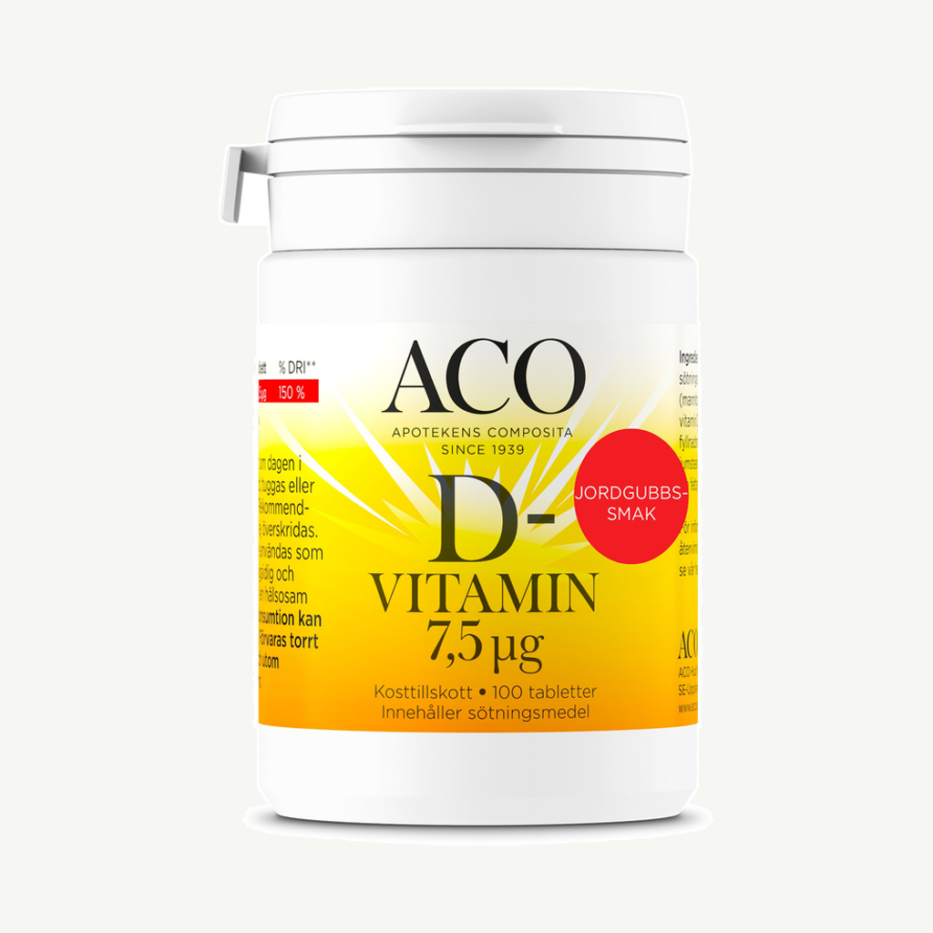 Förpackningen till ACO D-vitamin 7,5 µg Jordgubbssmak 100 tabletter