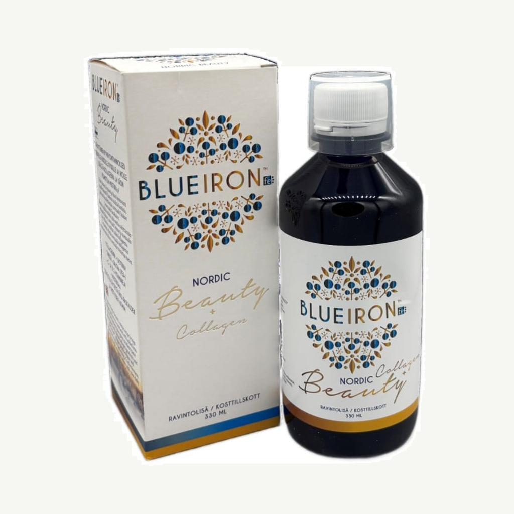 Förpackningen till BlueIron Nordic Beauty Kollagen 330 ml