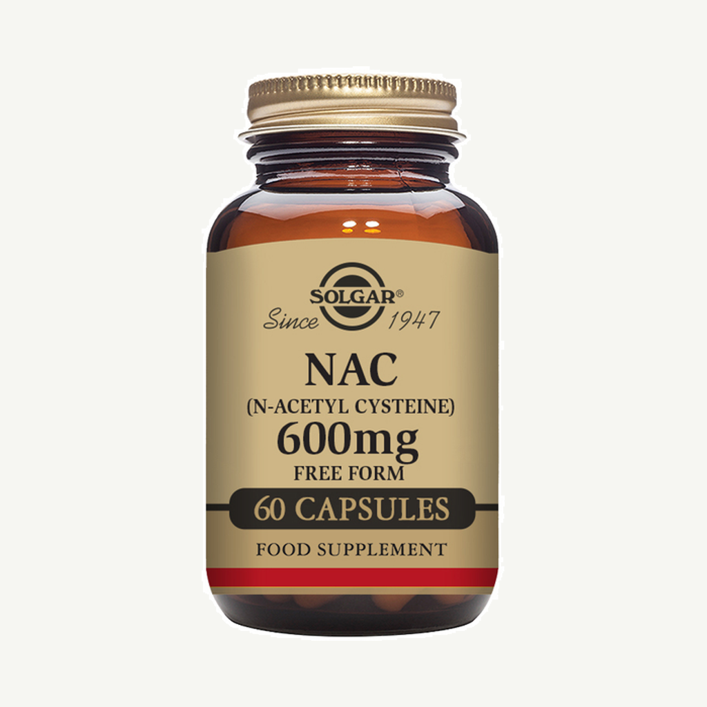 Förpackningen till Solgar NAC 600 mg (N-Acetyl L-Cysteine) 60 kapslar