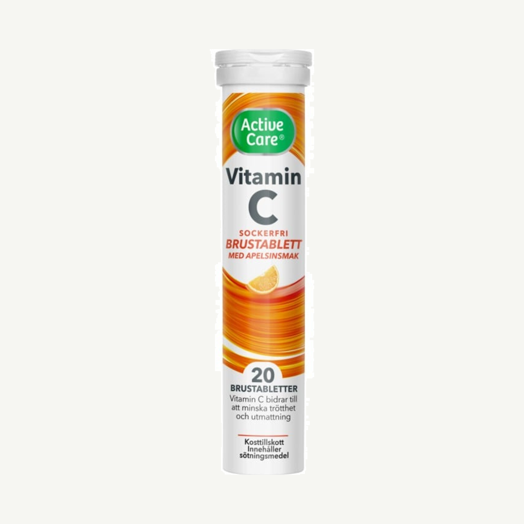 Förpackningen till Active Care C-vitamin Apelsin 20 brustabletter