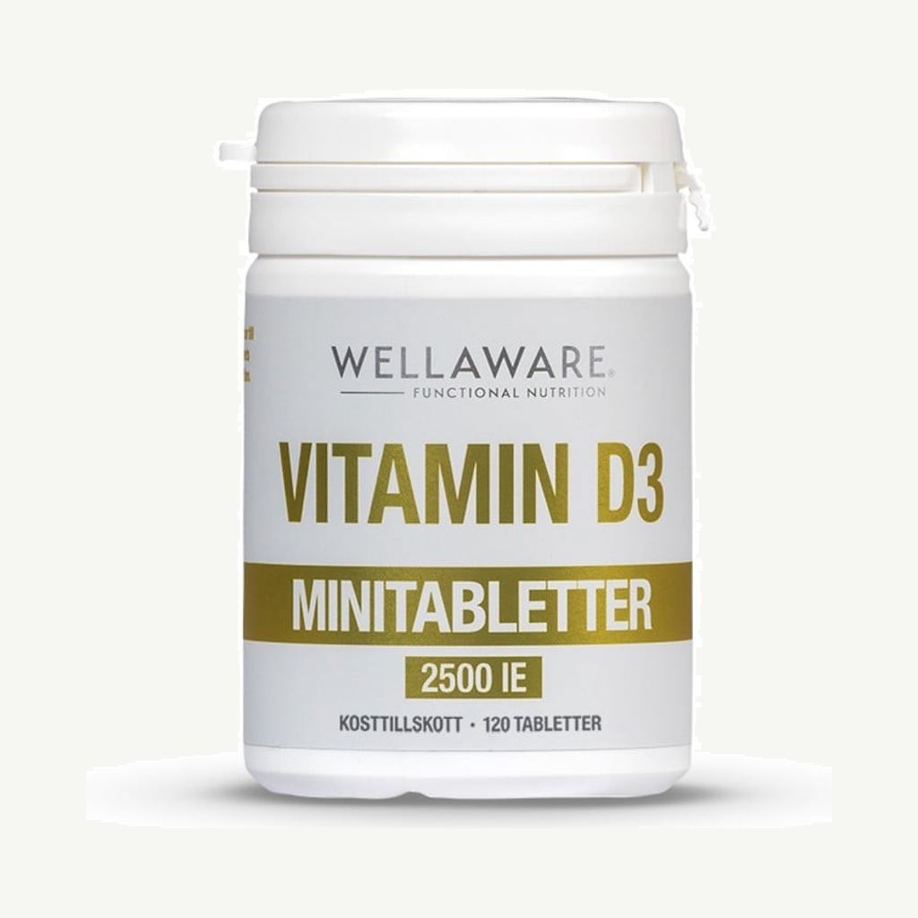 Förpackningen till WellAware Vitamin D3 2500 IE 120 minitabletter