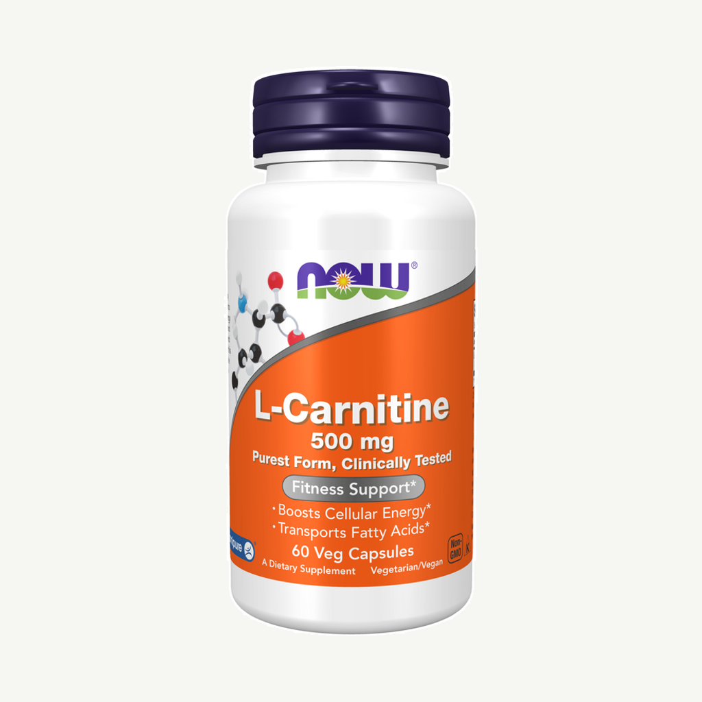Förpackningen till NOW L-Carnitine 500mg 60 kapslar