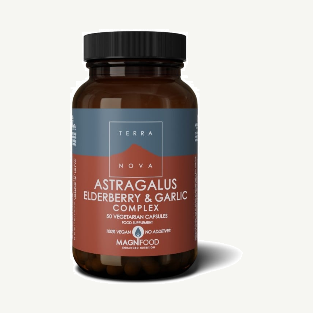 Förpackningen till Terranova Astragalus, Elderberry & Garlic Complex Immune Support 50 kapslar