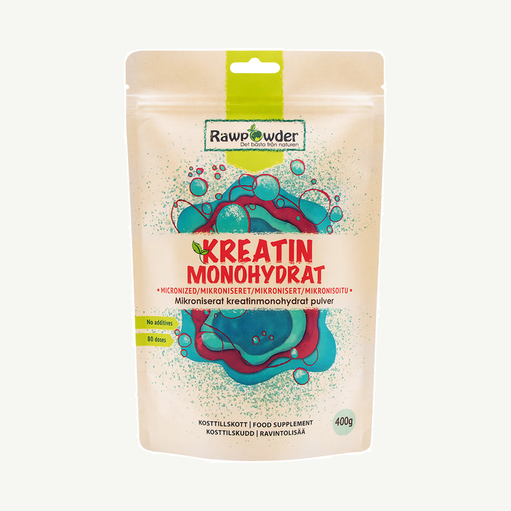 Förpackningen till Rawpowder Mikroniserat Kreatin Monohydrat 400g