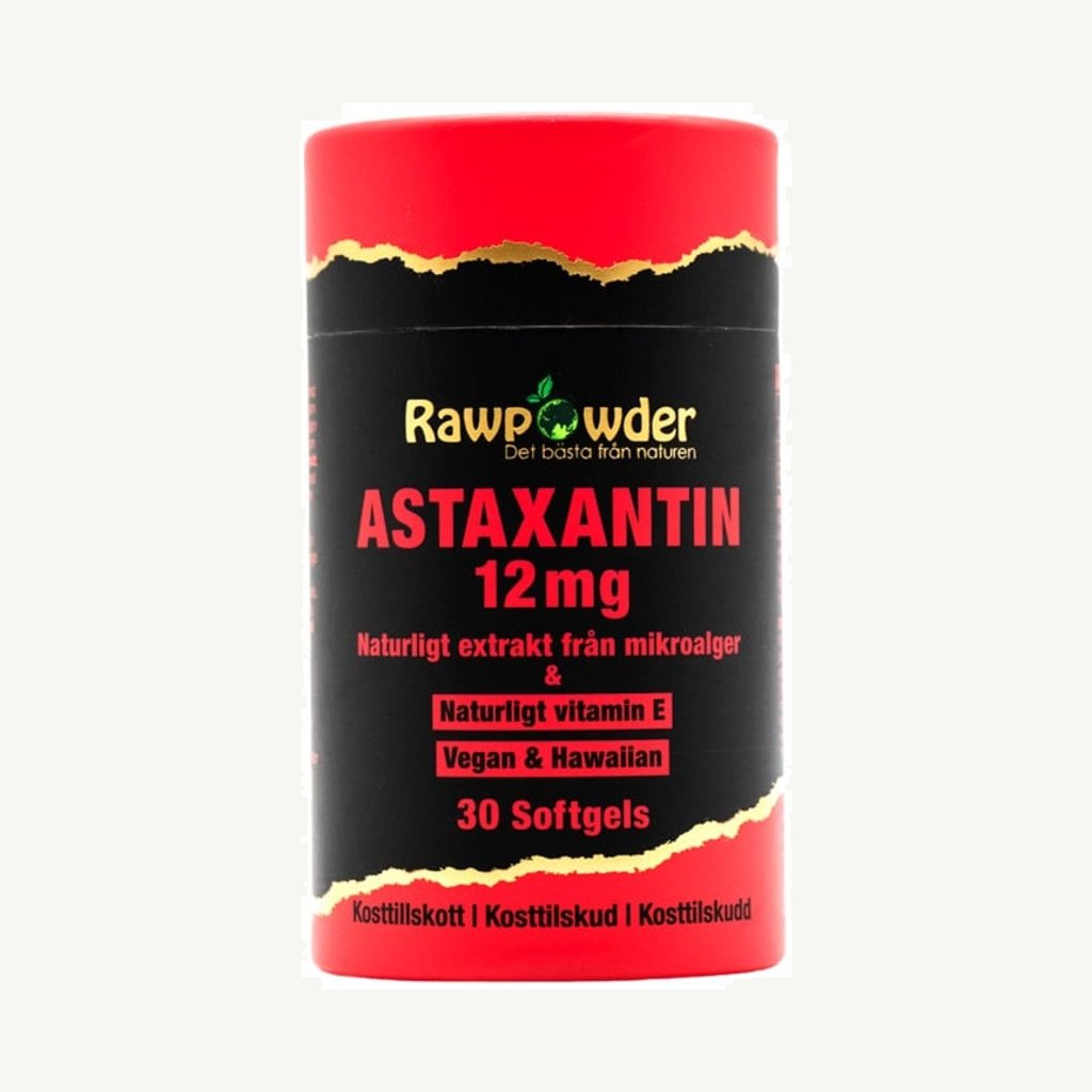 Förpackningen till Rawpowder Astaxantin Extrakt Hawaiian 12 mg 30 softgels
