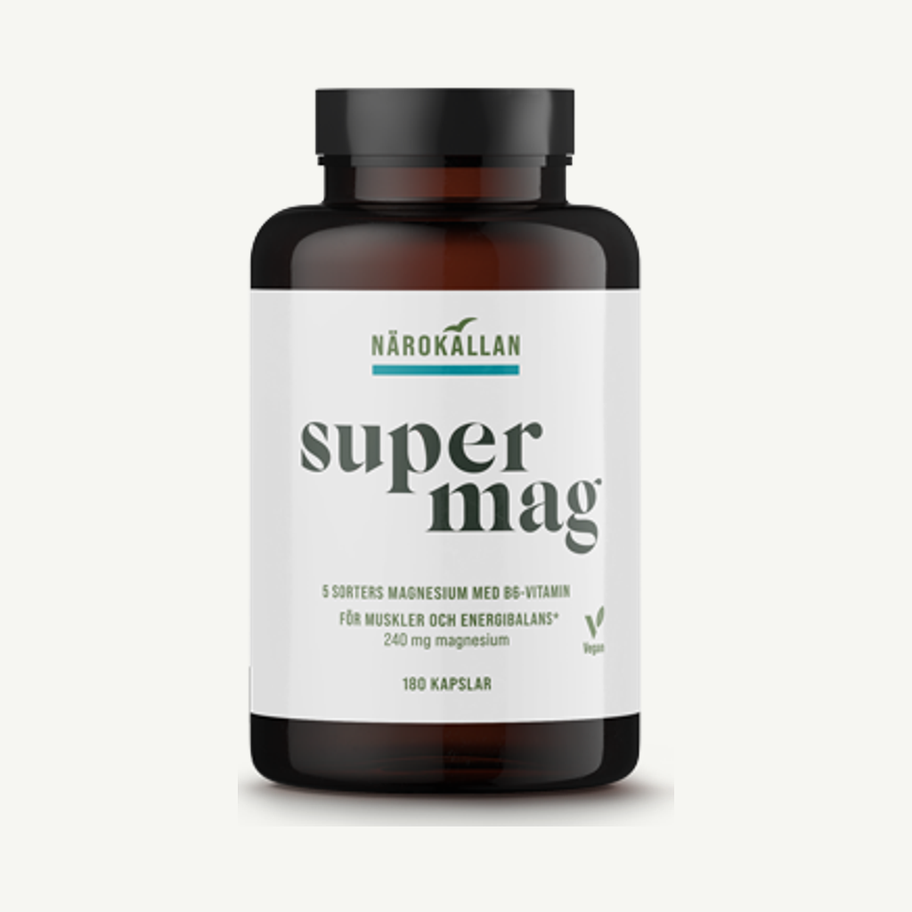 Förpackningen till Närokällan Super Mag 180 kapslar