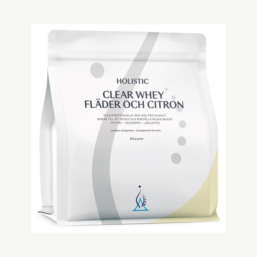 Förpackningen till Clear Whey Vassleproteinisolat Fläder/Citron 400g