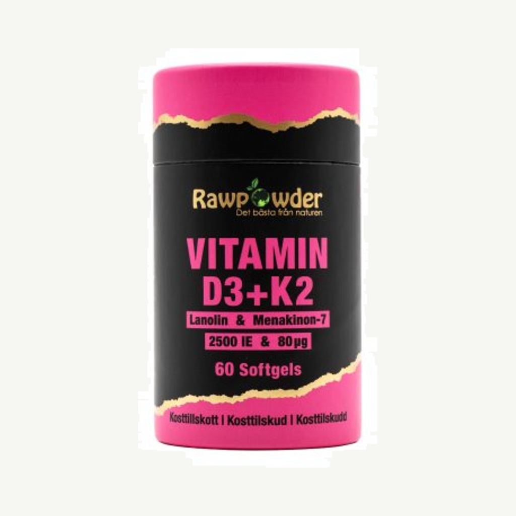 Förpackningen till Vitamin D3 2500 IE + K2 80μg 60 Softgels