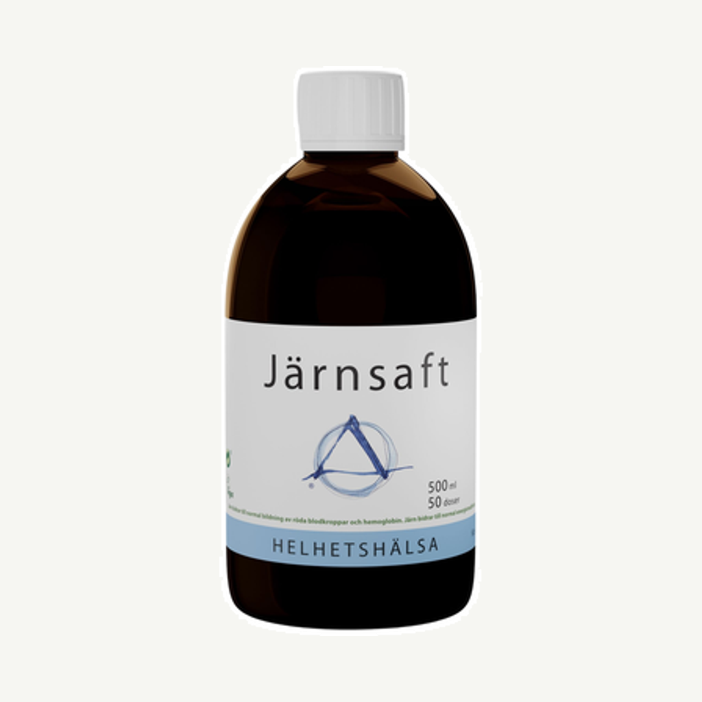 Förpackningen till Helhetshälsa Järnsaft Flytande 500 ml